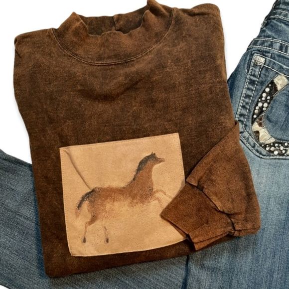 Vintage Tops - Vintage Stone Wash Horse Mock Neck Long Sleeve Top LA Sportswear Large (48-60)